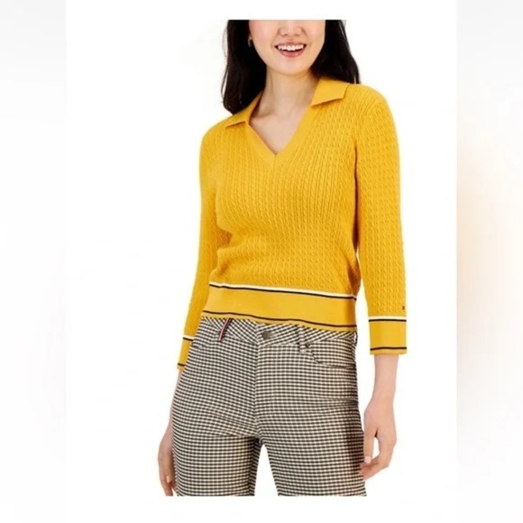Yellow V-Neck Cable Knit Sweater large Tommy Hilfiger - Picture 1 of 10